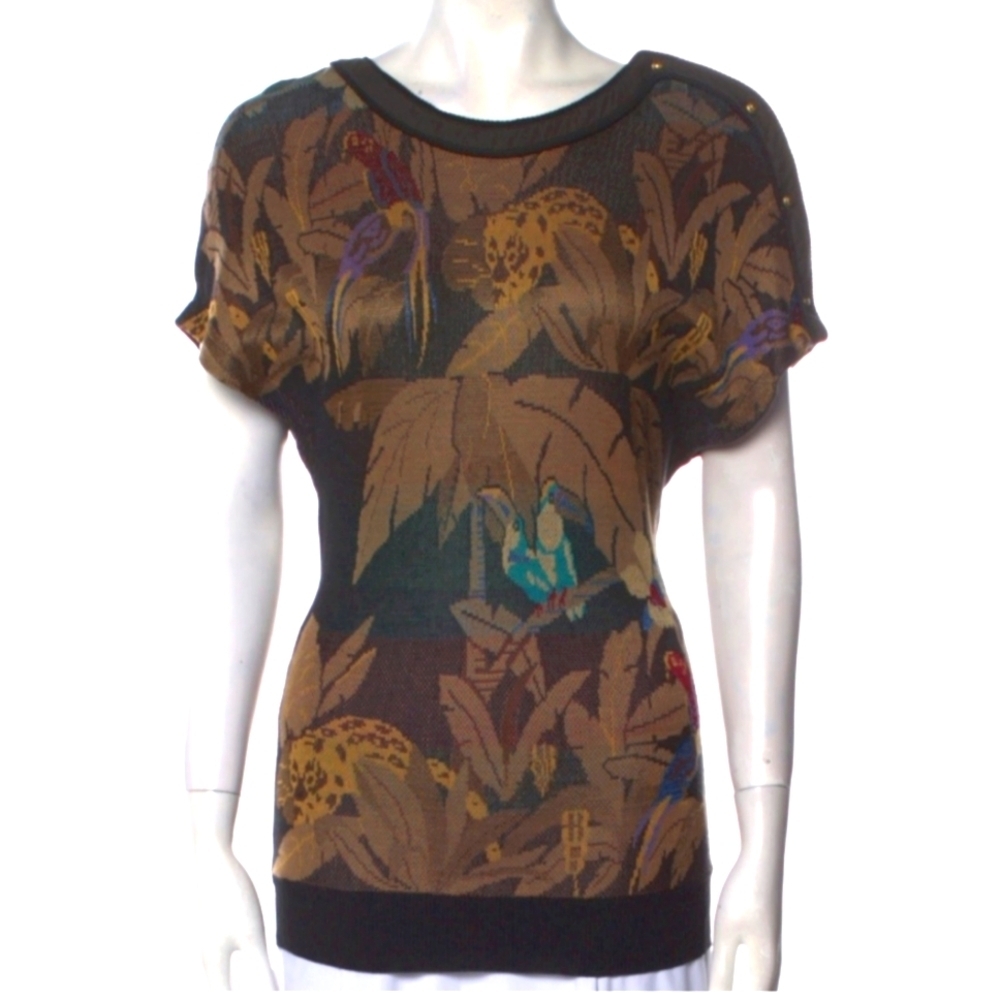 Vintage Gianni VERSACE Jungle Animal Print Sweater Floral Top Size Medium /Large